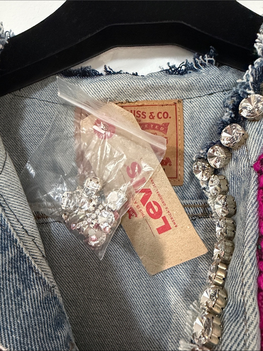 Levy’s Handmade Pink & Black Plaid Tweed and Light Blue Denim Embellished Jacket - Picture 6 of 11